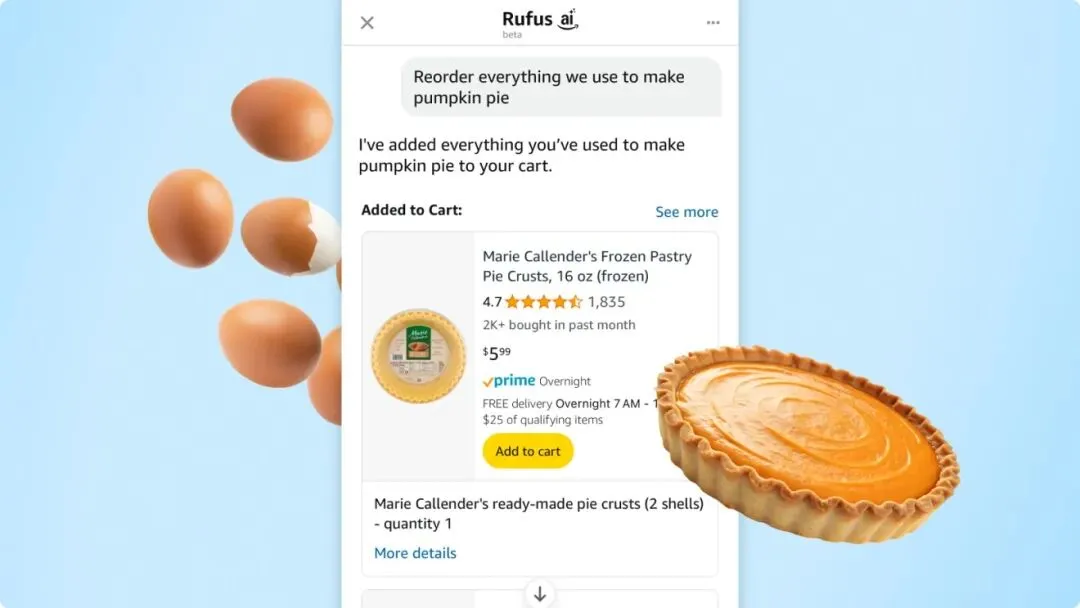 智能手机上显示着亚马逊人工智能购物助手 Rufus 的重新订购功能