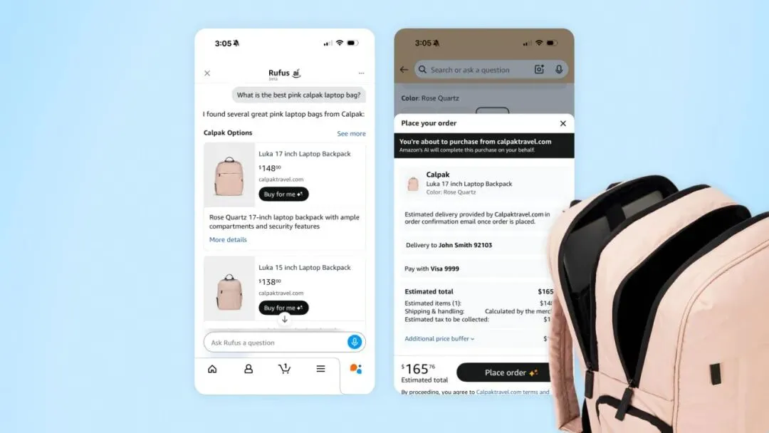 亚马逊人工智能购物助手Rufus的屏幕截图，展示了如何查找亚马逊商店中未找到的商品。