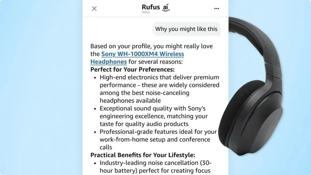 在亚马逊人工智能购物助手 Rufus 中显示索尼 WH-1000XM4 耳机的个性化产品摘要