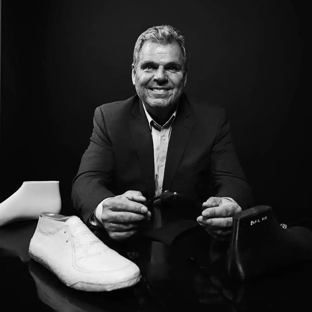 Mike Pratt with early hands-free shoe prototypes