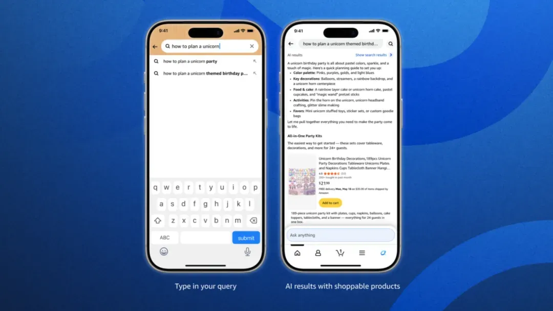 Two smartphone screens showing Amazon's Alexa for Shopping search interface - left screen displays search suggestions for unicorn party, right screen shows detailed party planning results with product recommendations