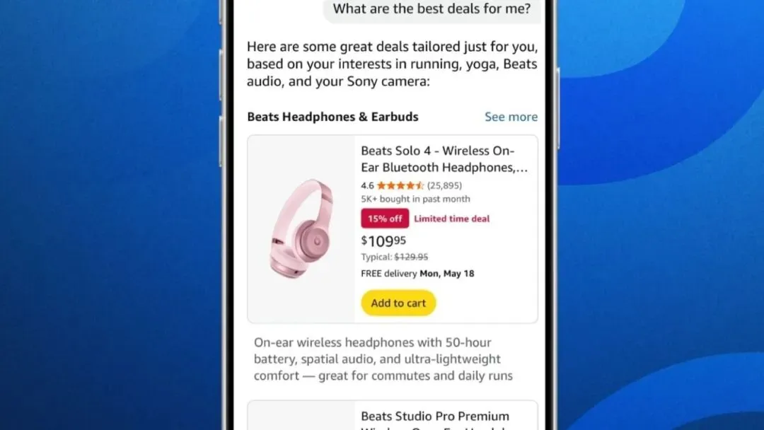 亚马逊 Alexa 购物推荐显示 Beats Solo 4 无线耳机(粉色),限时优惠 15%,售价 109.95 美元。