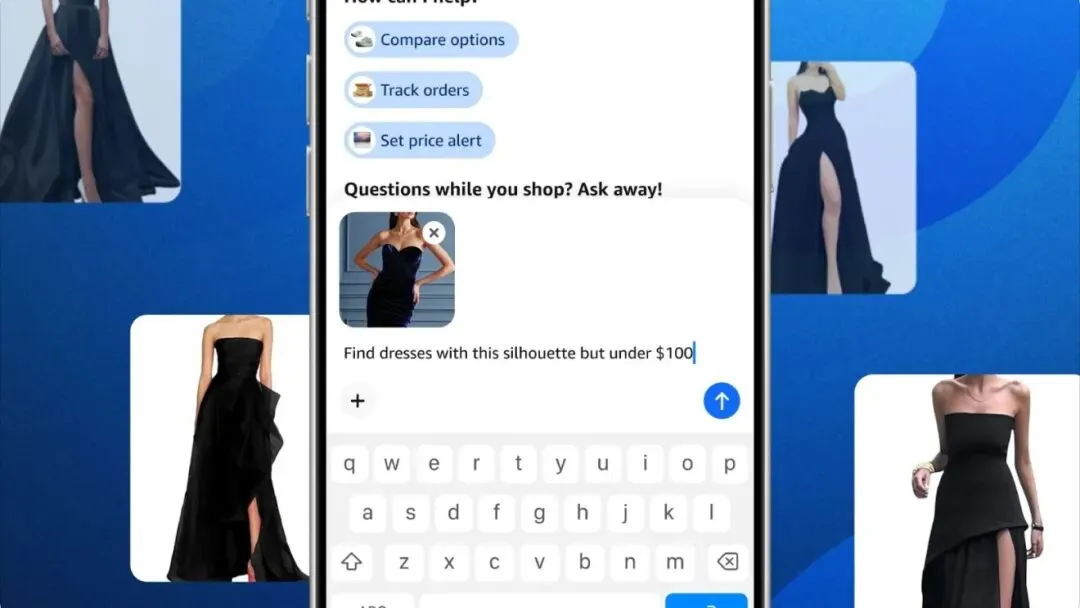 亚马逊 Alexa for Shopping 提供的“带荷叶边的黑色无肩带连衣裙”视觉搜索结果