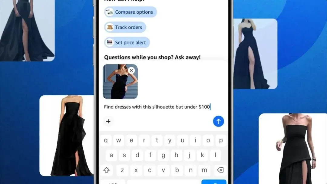亚马逊 Alexa for Shopping 提供的“带荷叶边的黑色无肩带连衣裙”视觉搜索结果