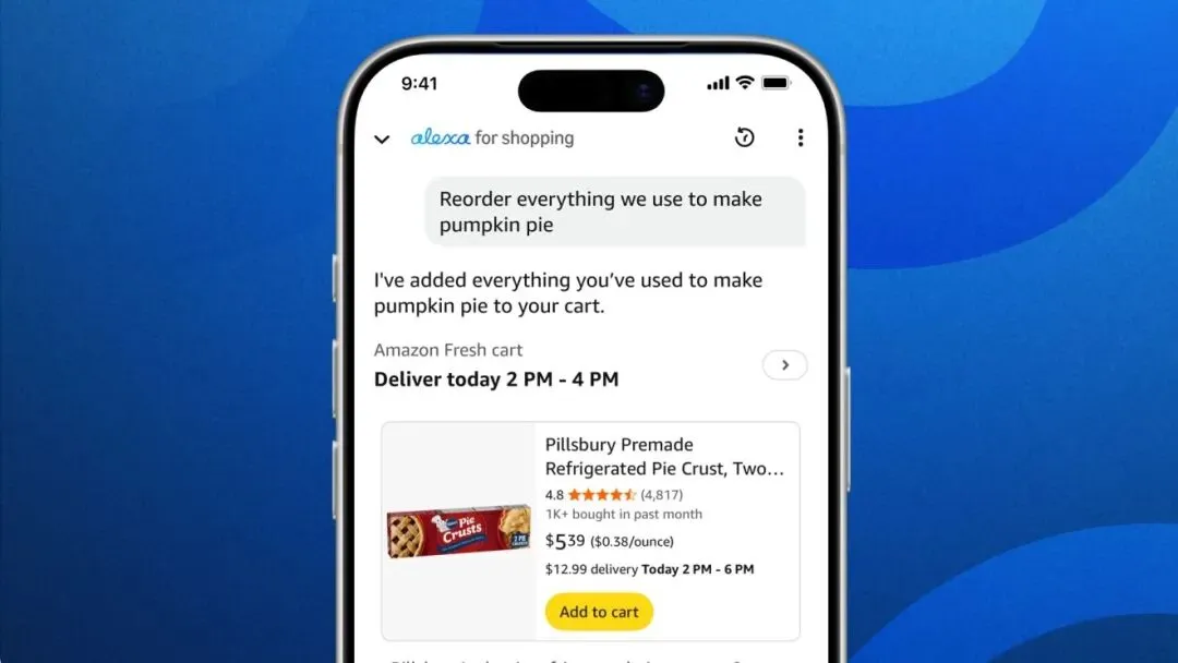 亚马逊 Alexa 购物界面可将 Pillsbury 派皮添加到购物车,并选择当日送达服务。