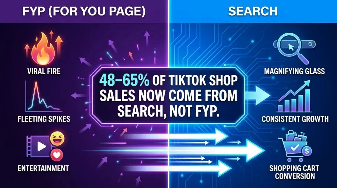 信息图对比TikTok商城“为你推荐”页面与搜索：48-65%的销售额来自搜索，而非“为你推荐”页面
