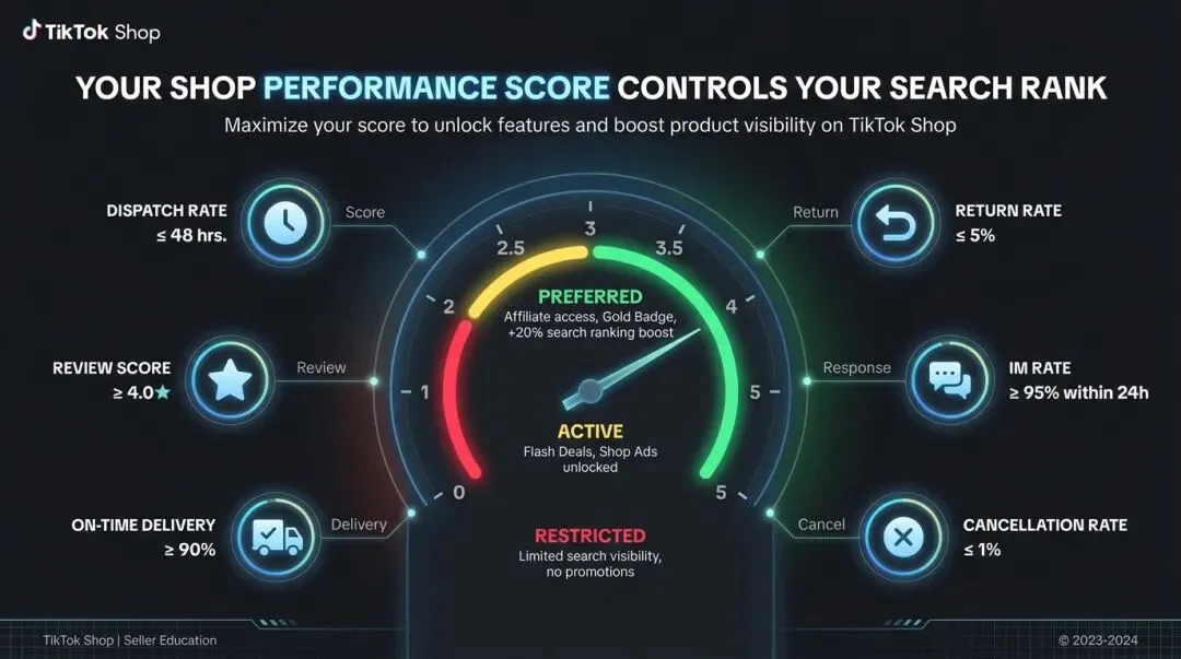 TikTok 商店绩效评分控制面板，显示 0-5 分的评分如何影响搜索排名、推广权限和联盟营销资格