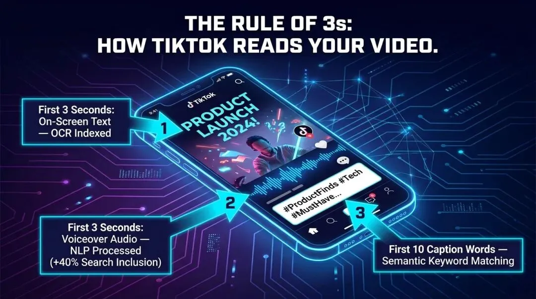TikTok“三法则”多模态索引系统示意图，展示了OCR、NLP音频处理和字幕关键词加权。