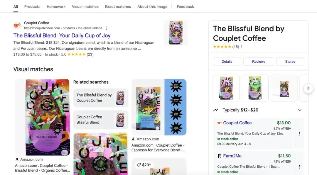 谷歌反向图片搜索The Blissful Blend产品的结果页面