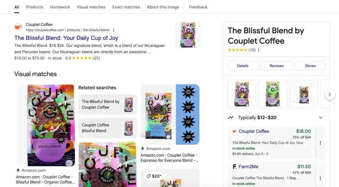 谷歌反向图片搜索The Blissful Blend产品的结果页面