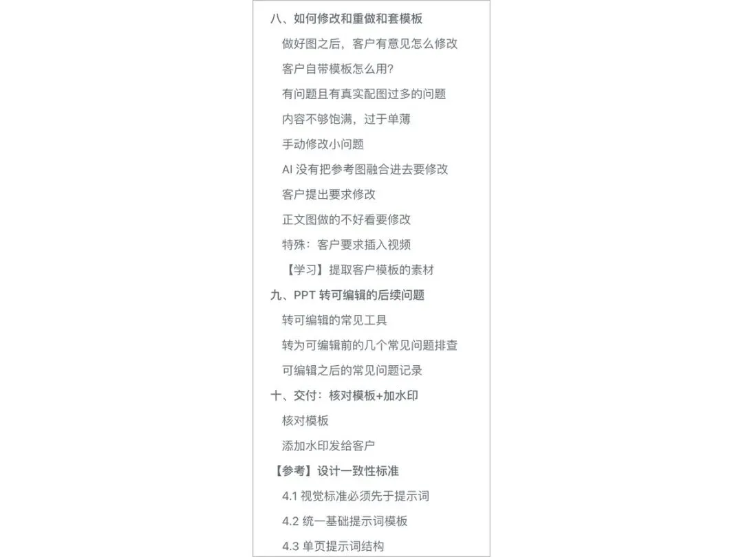 图片展示了用AI做PPT过程中的一些关键内容。包括如何修改和重做套模板,如客户有意见修改、客户自带模板使用等;PPT转可编辑的后续问题,如转可编辑的常见工具、转为可编辑前的常见问题排查等;交付时核对模板、加水印,添加水印发给客户;以及设计一致性标准,如视觉标准必须先于提示词、统一基础提示词模板等。这些内容是对用AI做PPT流程中常见问题和注意事项的总结,与上下文关于AI做PPT流程的介绍相呼应。