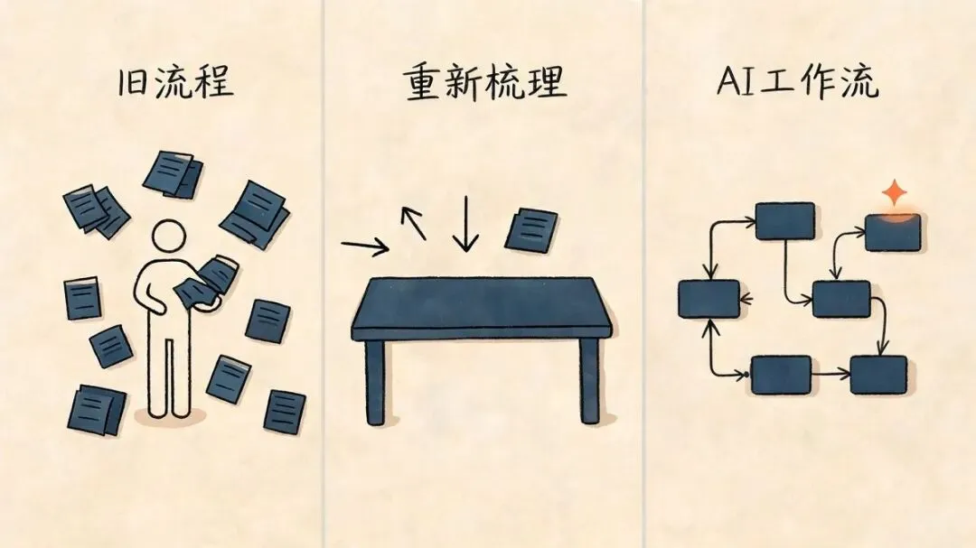 这张图分为三个部分,对应AI工作流打造的三个阶段。左侧旧流程阶段,人物被零散堆积的文档围绕,呈现出人力处理繁杂事务的混乱状态;中间重新梳理阶段,各类文档被汇总到桌面上,搭配箭头示意的整理动作,对应基于AI能力重新梳理流程的核心思路;右侧AI工作流阶段,以模块化的箭头连接结构搭配标识,清晰展现了AI赋能后流程的有序高效状态,直观诠释了将“人做”转为“AI做”的流程优化逻辑。