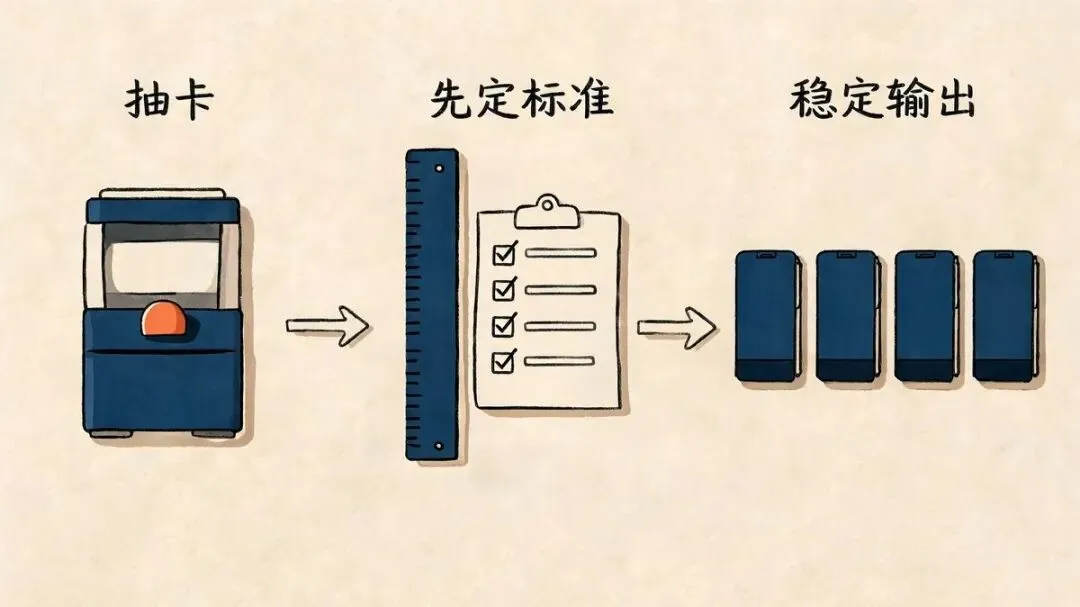 图片展示了用AI做PPT时从抽卡到稳定输出的过程。左侧是抽卡机,代表没有标准的SOP,每次生成风格不一;中间是标尺和清单,代表先定标准,将配色体系等规范写成固定提示词;右侧是四部手机,代表稳定输出,20页PPT风格统一。该图与上下文紧密相关,直观呈现了从随机生成到标准统一的转变,强调了先定标准的重要性。