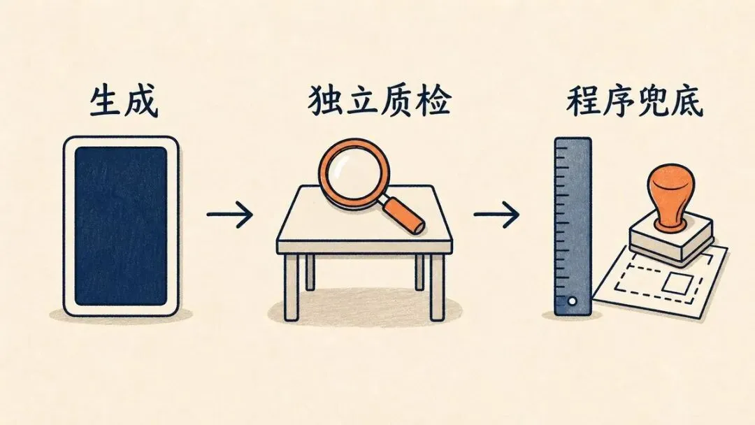 这张图片是对用AI做PPT后质检流程的直观示意,和文档中提到的AI做PPT的质检解法内容相呼应。图片展示了三个依次推进的环节,第一个环节“生成”对应PPT页面的AI生成环节,用矩形图案代表生成的内容;第二个环节“独立质检”用带放大镜的桌子作为符号,代表脱离原对话上下文的AI独立质检环节;第三个环节“程序兜底”用尺子和印章的图案,代表最后用程序完成核验并留存结果的兜底环节,清晰呈现了文档中所说的“用API做独立评分”的质检逻辑。