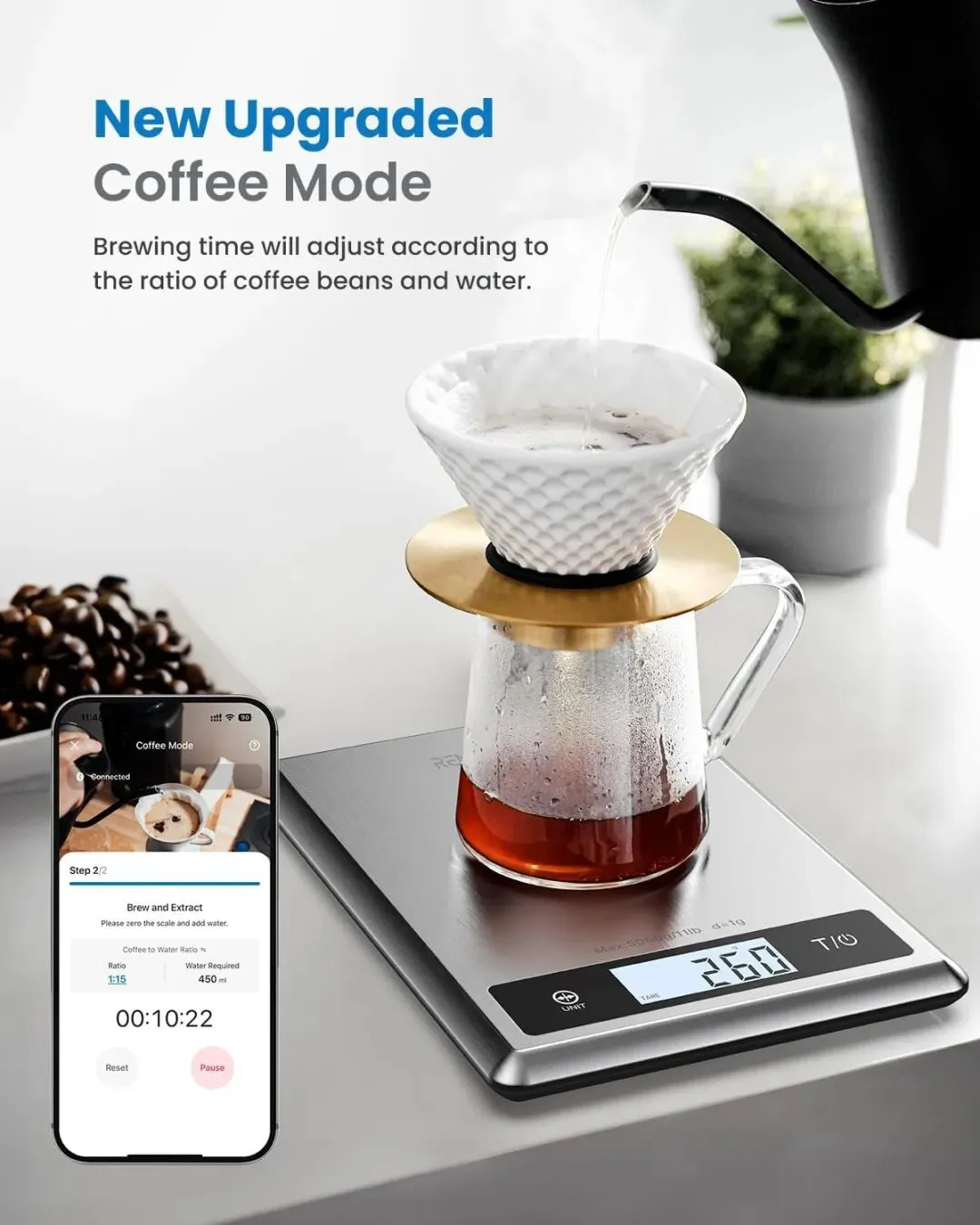 Calibra 1 Smart Nutrition Scale with upgraded coffee mode, showcasing brewing process with app connectivity.