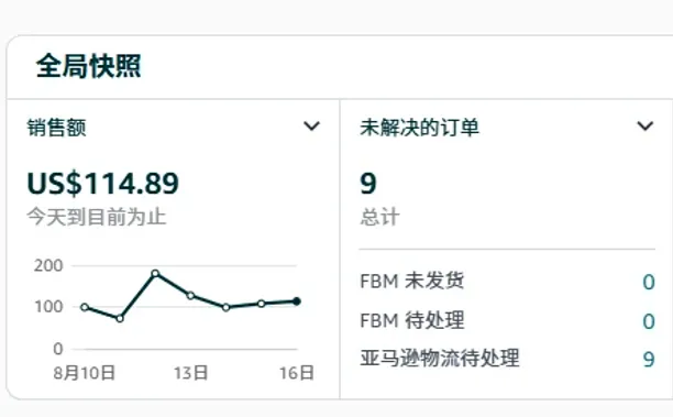 亚马逊卖家后台全局快照显示销售额和待处理订单