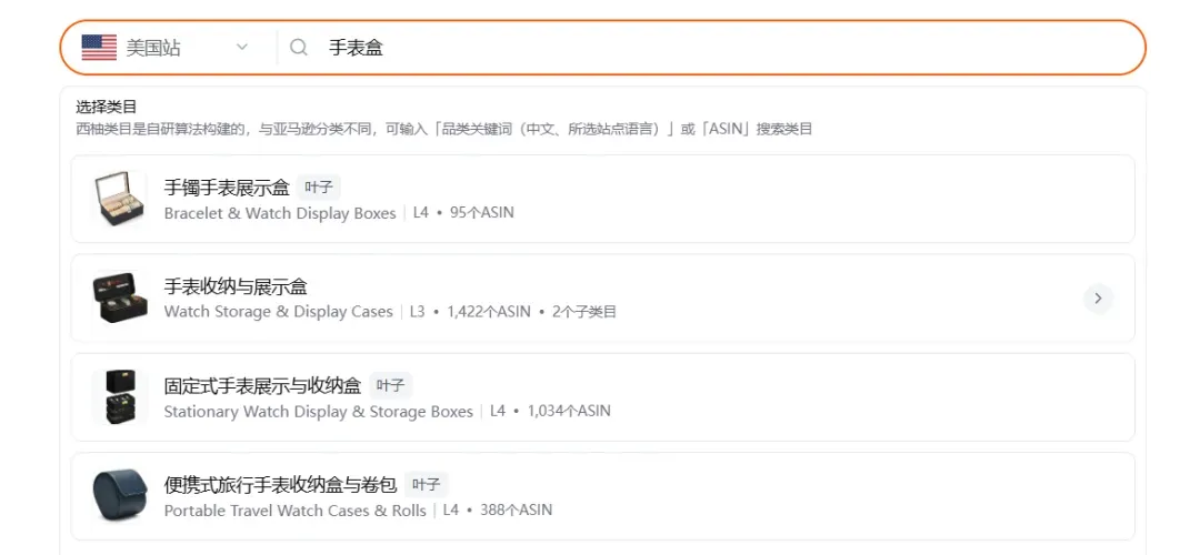 这是“精品化产品开发流程指北——市场调研篇”中,搜索“手表盒”得到的产品类目搜索结果页面,对应该文档构建产品灵感池环节的内容。页面顶部显示站点为美国站,主体内容是按照规则划分的“手表盒”相关类目,包含手镯手表展示盒、手表收纳与展示盒、固定式手表展示与收纳盒、便携式旅行手表收纳盒与卷包等类目,每个类目都标注了对应英文名称、ASIN数量及相关层级标识。