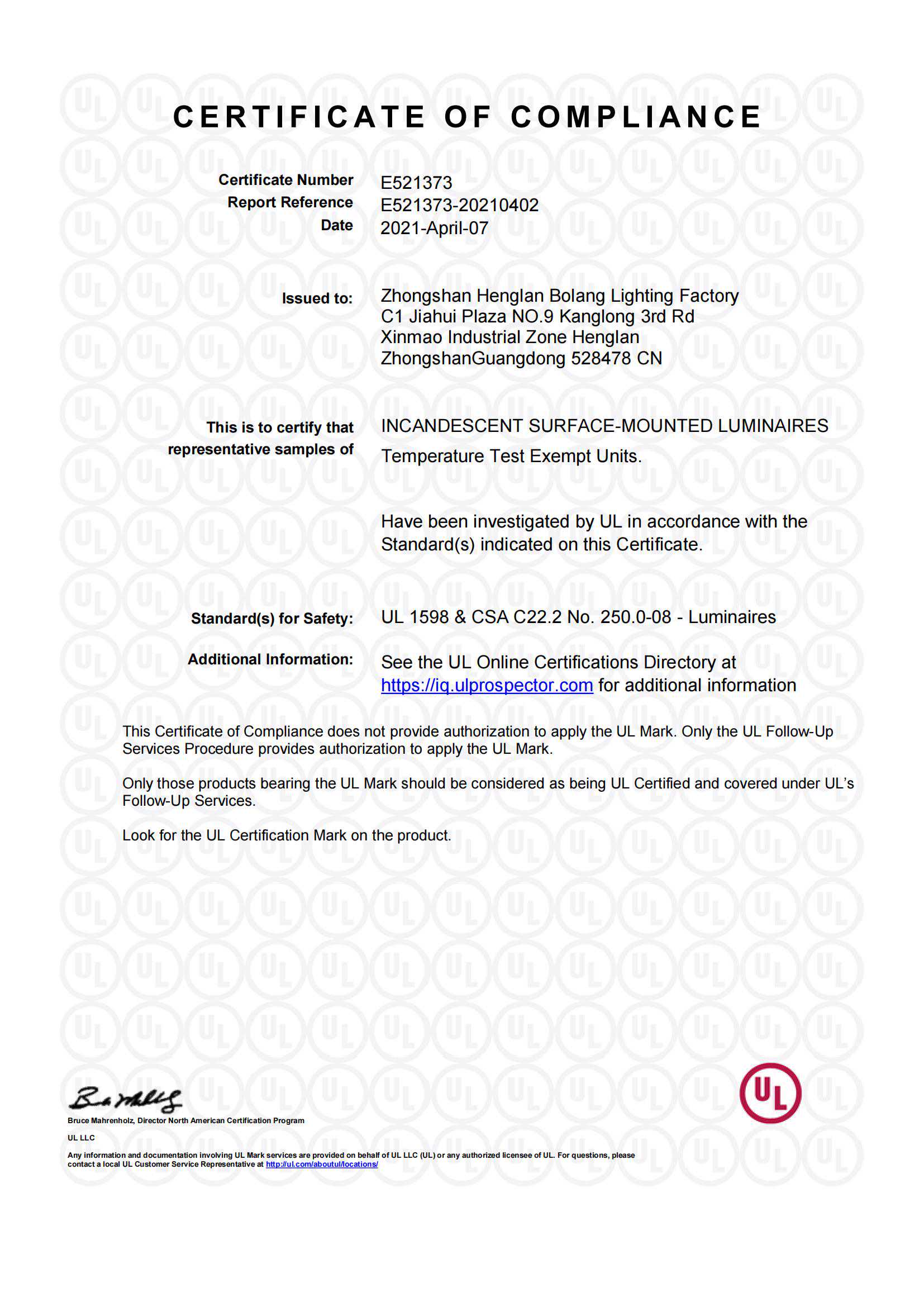 中山市横栏镇勃朗灯饰厂-勃朗免温升UL证书E521373-20210402-CertificateofCompliance_00