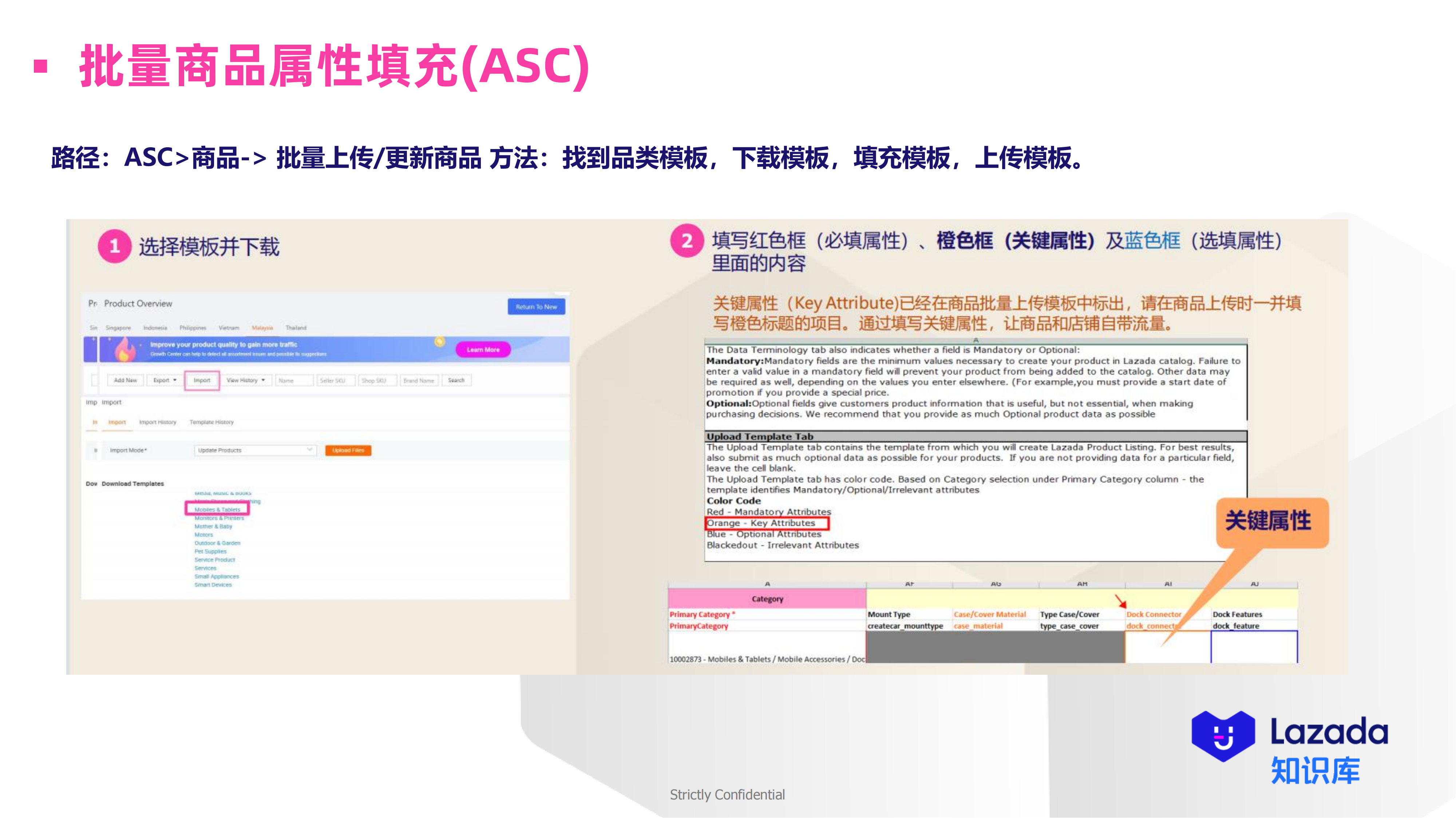 路径：ASC>商品-> 批量上传/更新商品 方法：找到品类模板，下载模板，填充模板，上传模板。