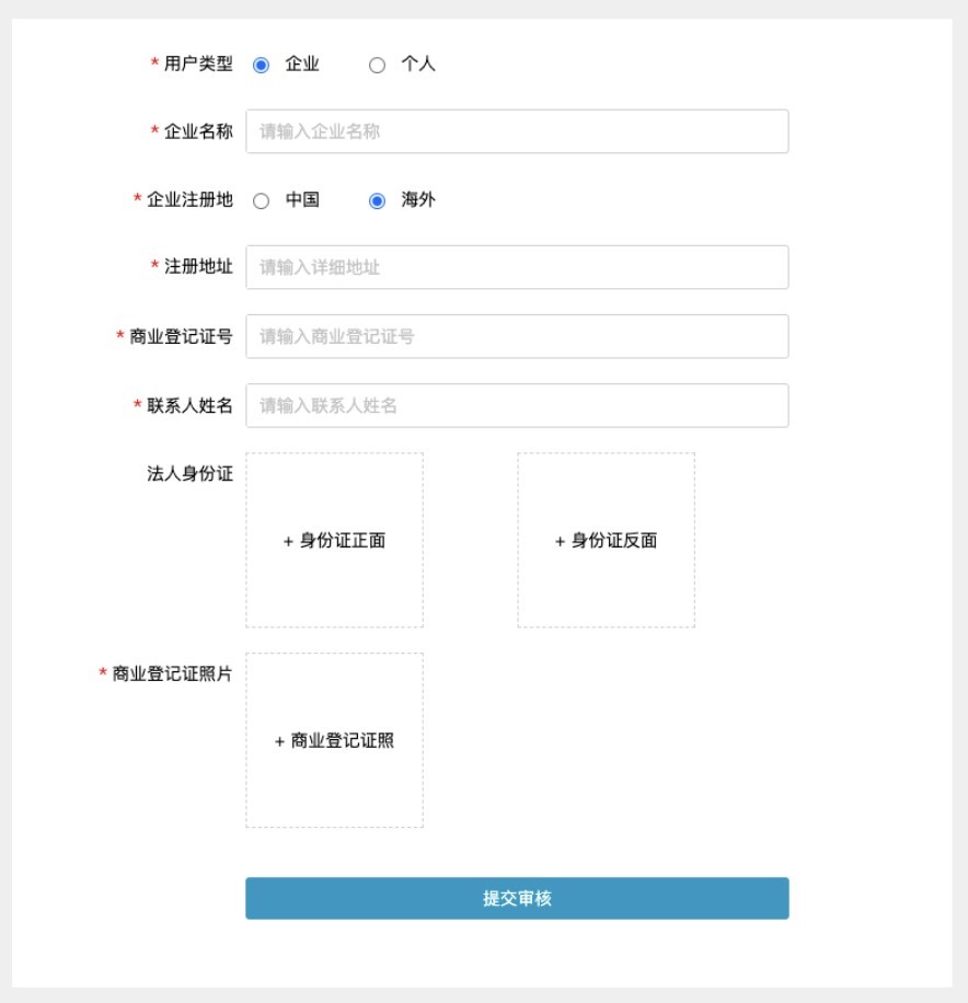 中国大陆以外的企业客户填写示例