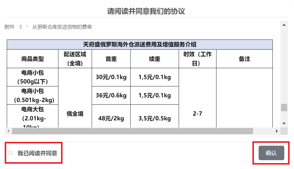 列出了TFS服务的费率