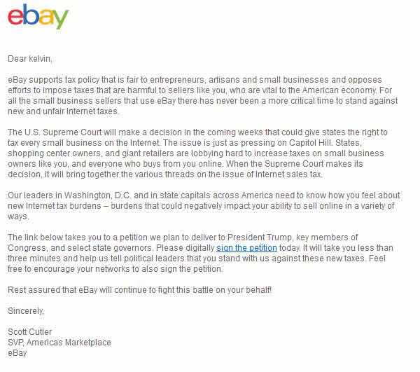 反对美国销售税！ebay敦促卖家签署请愿书，你收到通知了么？