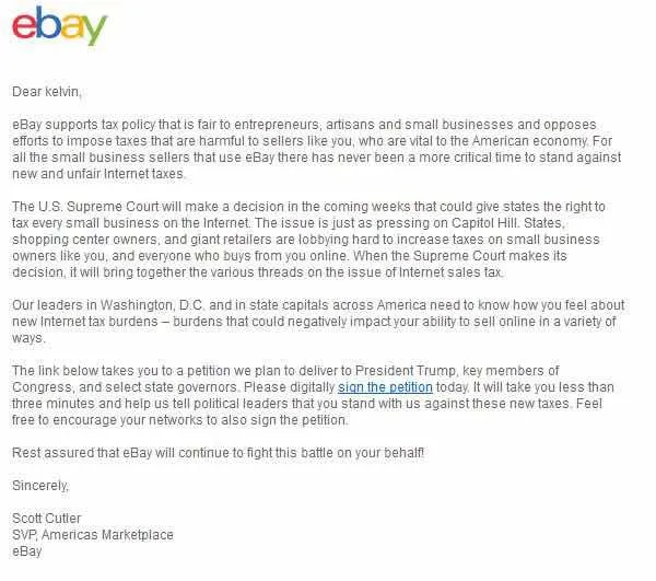 反对美国销售税!ebay敦促卖家签署请愿书,你收到通知了么?