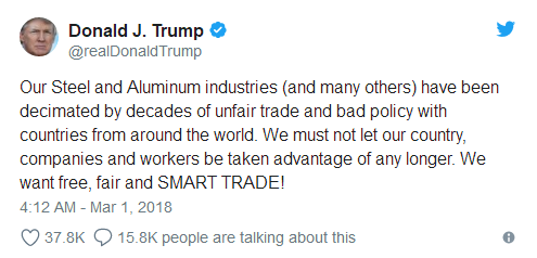 贸易战开启？！特朗普：对钢铁和铝分别征收25%和10%关税