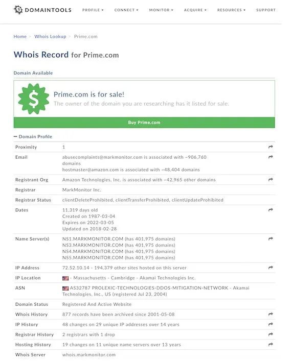 重磅交易!亚马逊百万美金收购域名prime.com