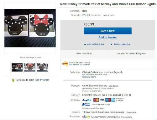 Primark推出的《米奇与米妮》主题LED灯,eBay拍卖价飙升惹争抢