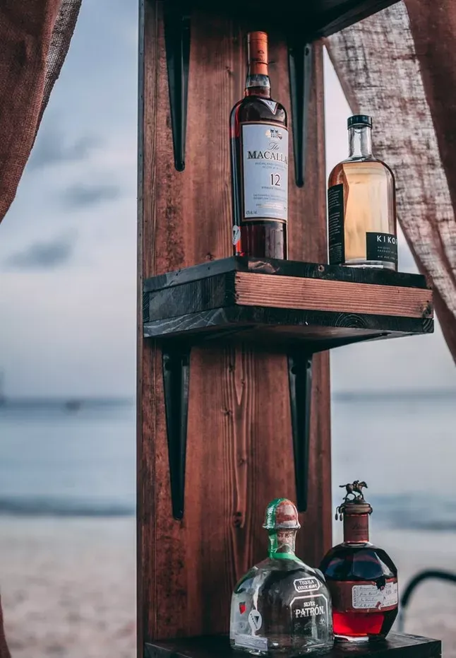 bottle,shelf,wine,bar,whisky,alcohol,drink,resort,holiday,vacation,wood,outdoors,beach,sea,ocean,nature,drift wood,beach wood,tropical,beach bar
