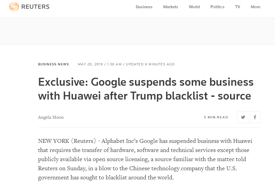 谷歌已暂停与华为部分业务，称其在“遵从指令”