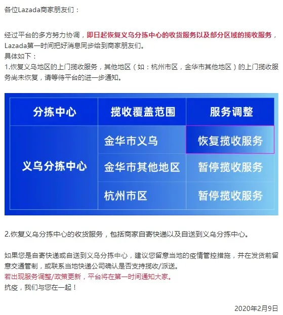 Lazada义乌分拣中心已基本恢复服务_跨境电商_电商报