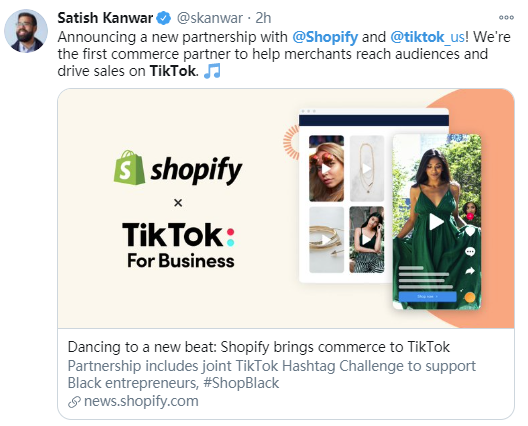 【AMZ123快讯】TikTok与Shopify宣布将进行合作，双方达成全球合作伙伴关系
