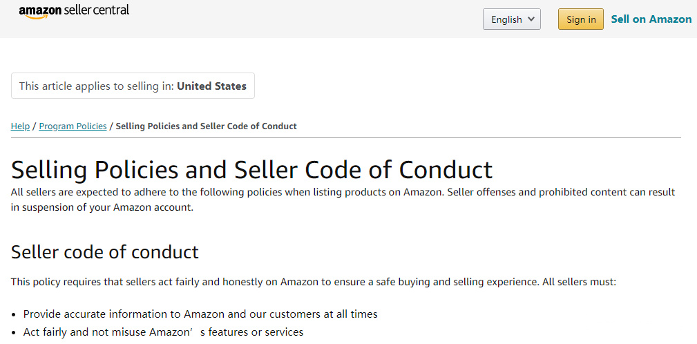 亚马逊销售政策和卖家行为准则（Selling Policies and Seller Code of Conduct）