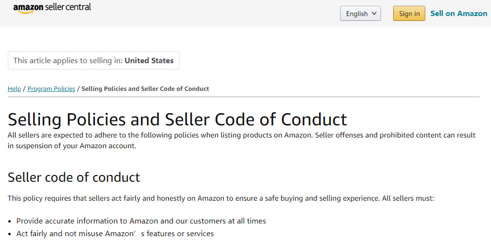 亚马逊销售政策和卖家行为准则（Selling Policies and Seller Code of Conduct）