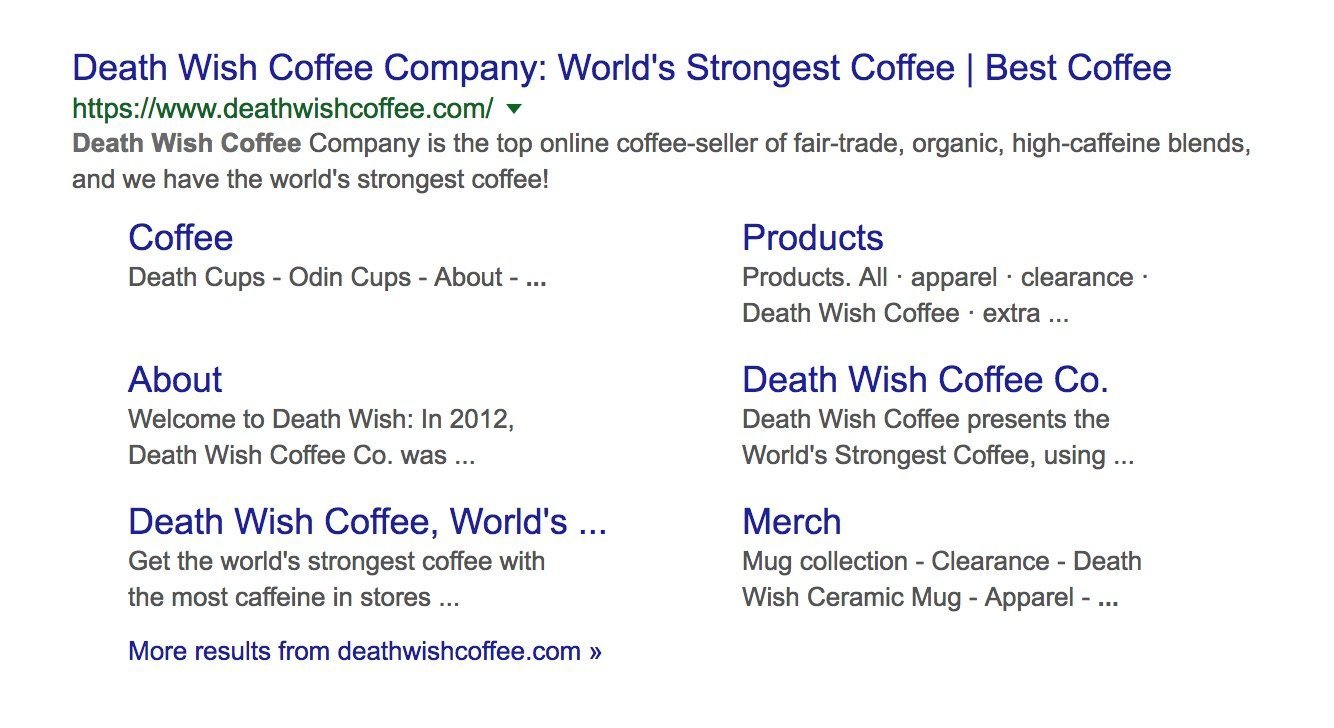 Death Wish Coffee网站描述的SERP截图