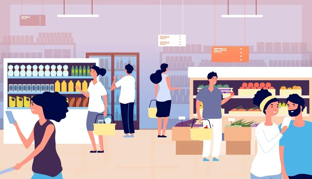 人们在杂货店人们在超市买食物,蔬菜购物客户选择产品卡通矢量的概念杂货市场与食物,商店和商店零售插图人们在杂货店人们在超市买食物,蔬菜购物客户选择产品卡通矢量概念.jpg 图片