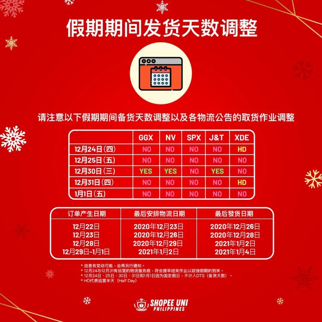 【双12物流公告】假期期间发货天数调整（12/22更新）