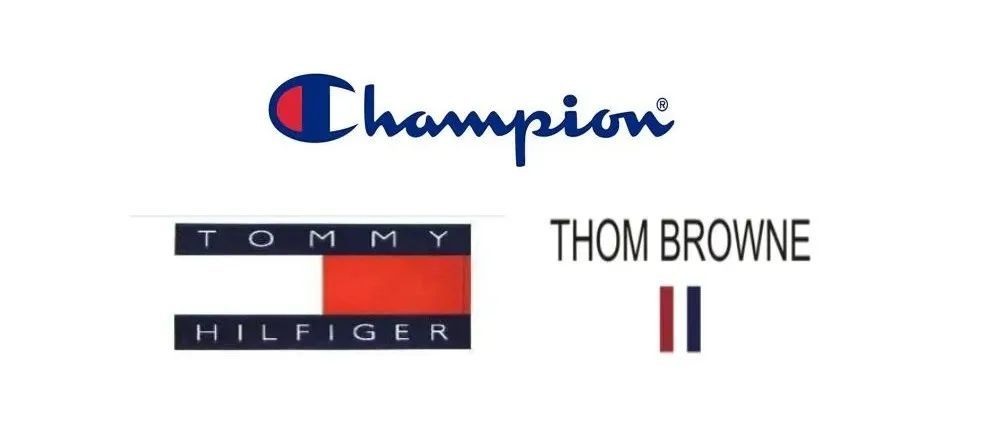 服装大牌的红蓝白logo（Tommy Hilfiger、Champion、Thom Browne）