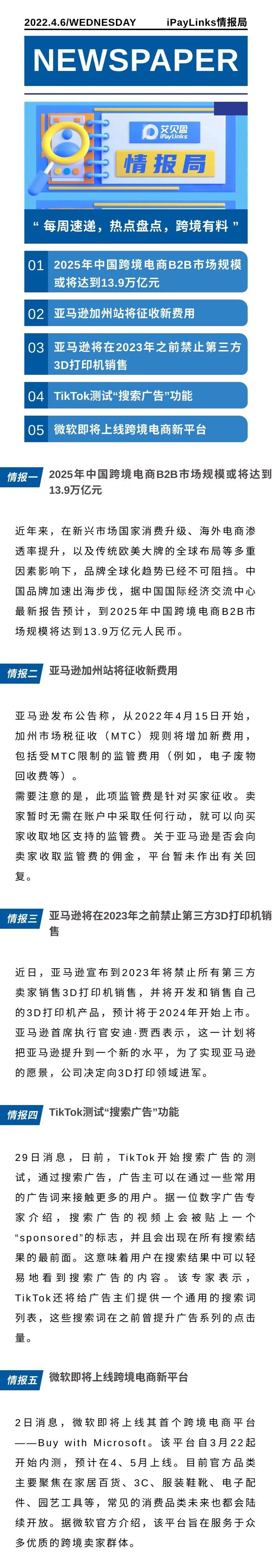 2025年中国跨境电商B2B市场规模或将达到13.9万亿元；亚马逊加州站将征收新费用；TikTok测试搜索广告功能 |跨境情报局