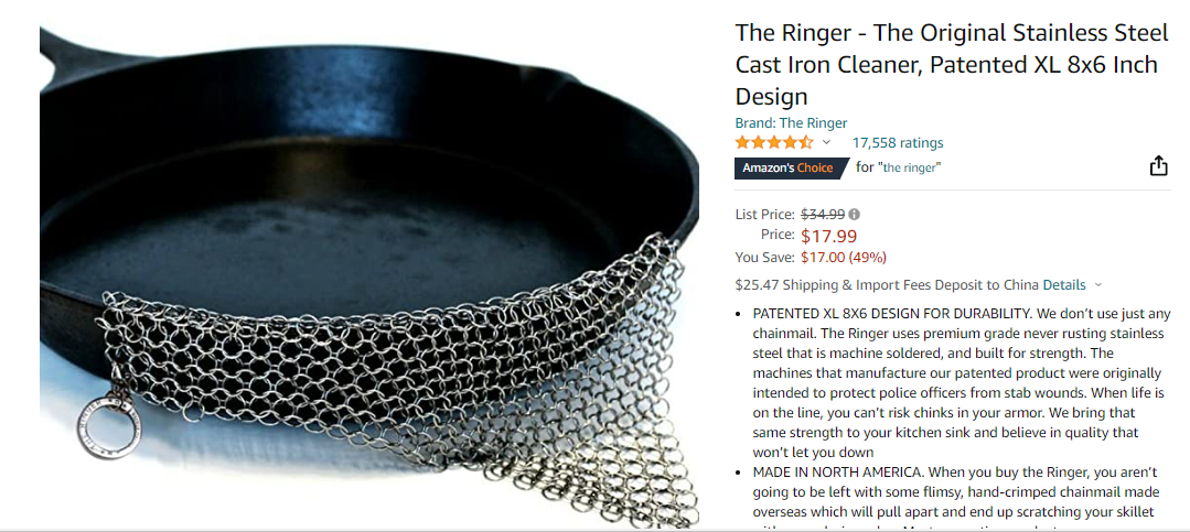 The Ringer The Original Stainless Steel Cast Iron Cleaner, Patented XL 8x6  inch Design 