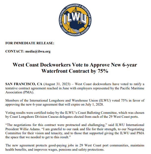 终于！美西码头工人劳资双方签署协议，结束长达13个月的谈判