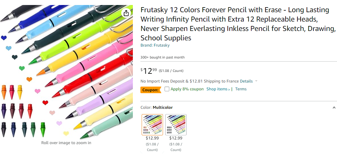 12 Colors Forever Pencil with Erase - Long Lasting Writing