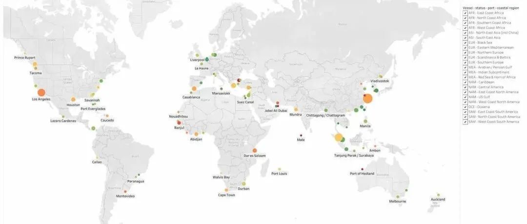 全球最新港口拥堵情况示意图 | 希腊比雷埃夫斯、马来西亚巴生港等进入榜单，101艘船横跨1000英里，在洛杉矶和长滩等待泊位