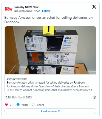 “私吞”大量包裹!一亚马逊送货司机被捕入狱!