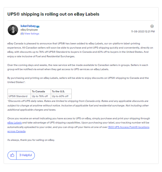 eBay加拿大站：支持卖家在eBay Labels上打印UPS标签