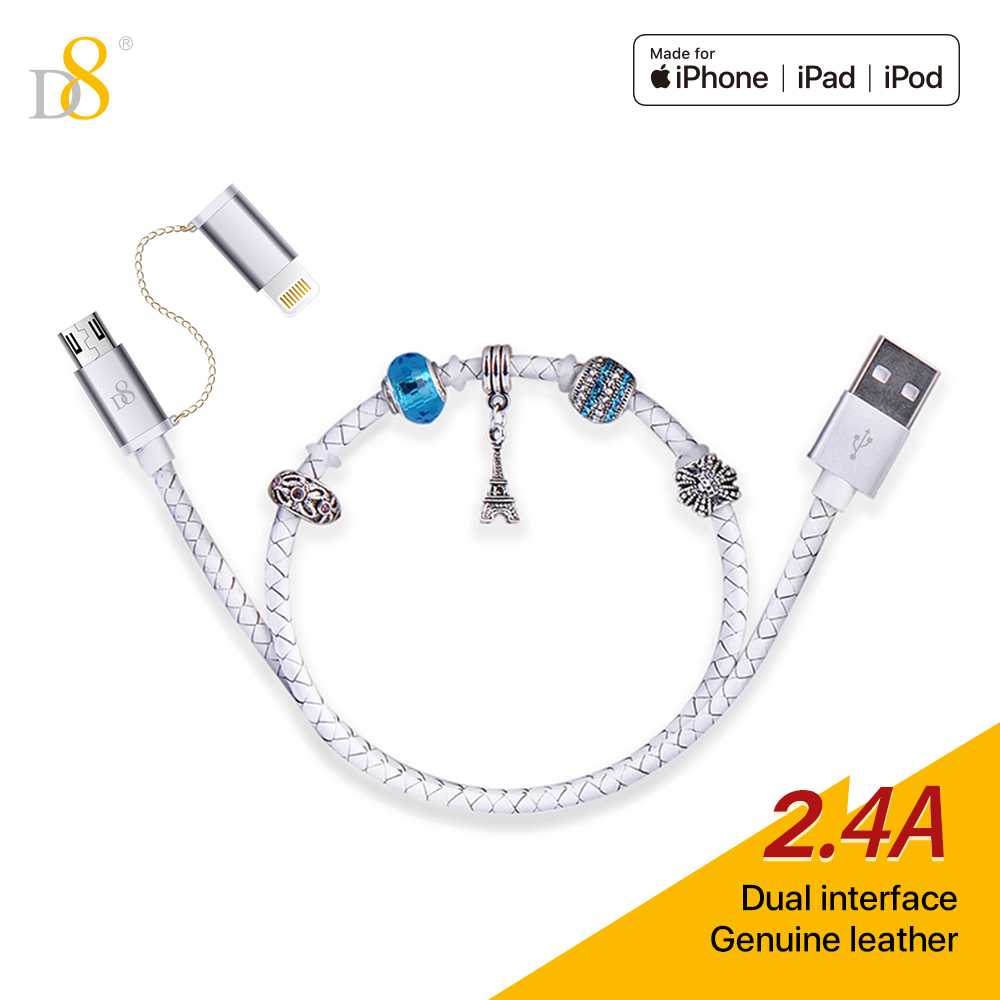 D8 iPhone充电线、0.4米闪电电缆、皮革+珠子USB-A至闪电电缆