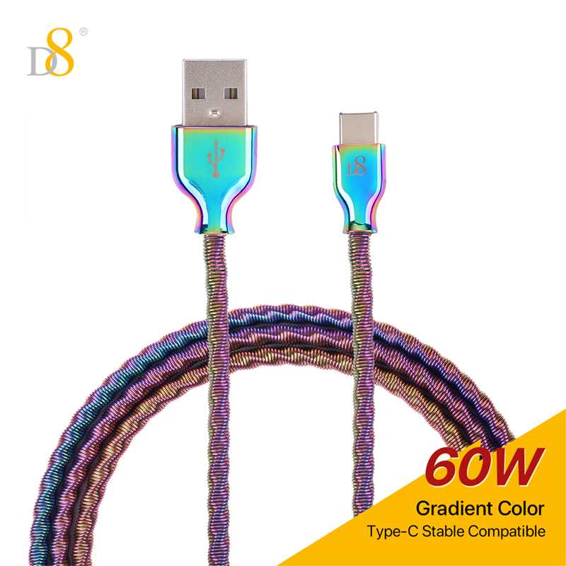 D8 60W 1M USB C电缆3A快速充电，USB A至C型充电线编织 多彩色
